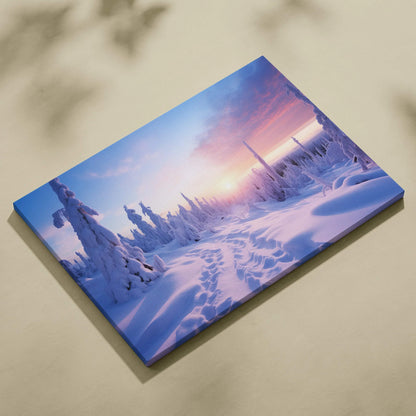 Canvas wall art print featuring snowy pine trees under a pink and orange sunset sky with snow-covered ground and footprints.