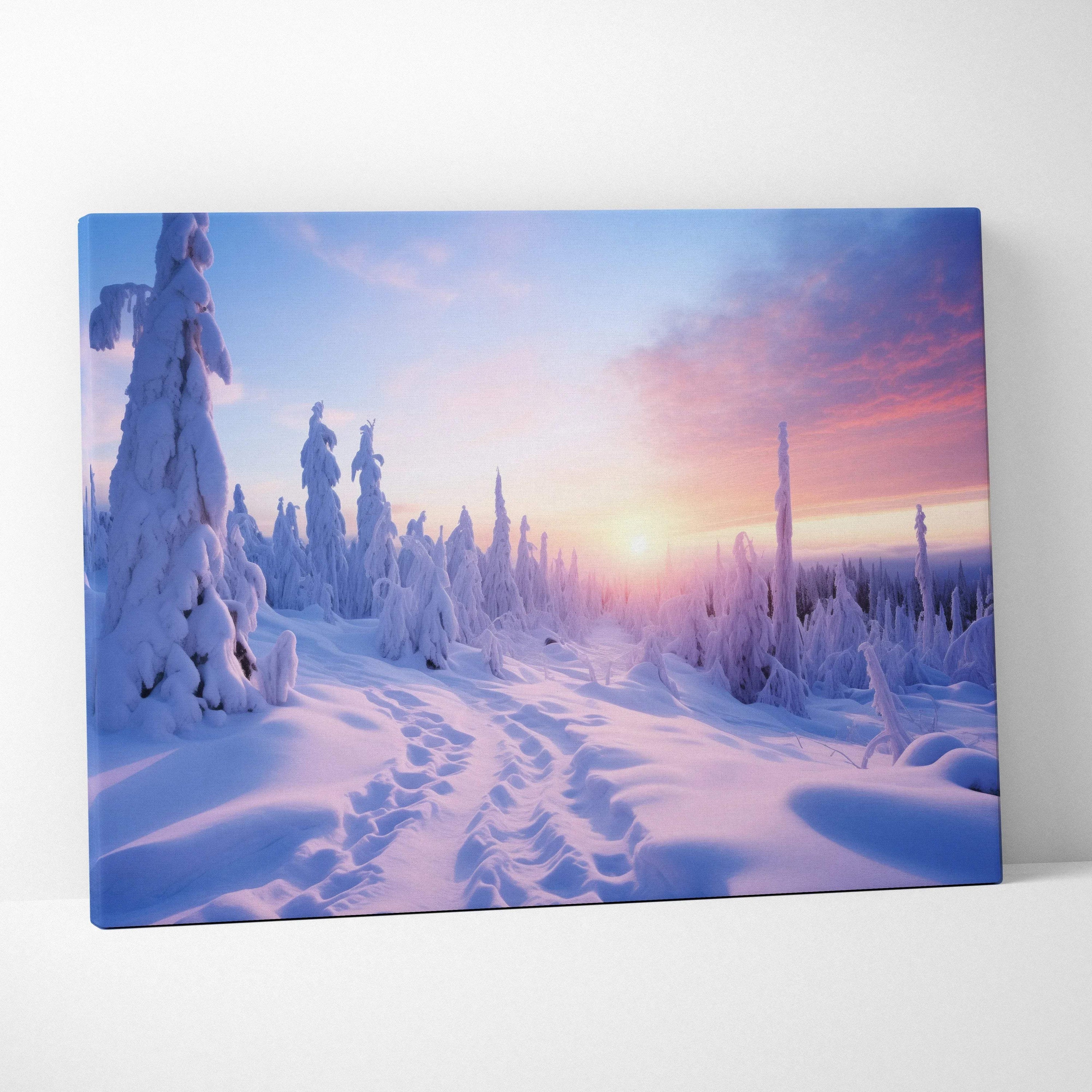 Canvas wall art featuring a snowy landscape with pink and orange sunset hues and snow-covered trees.