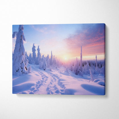 Canvas wall art depicting snowy forest landscape at sunset with pink and orange sky hues.