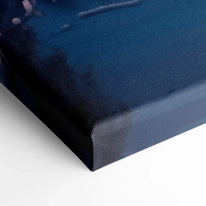 Close-up of canvas wall art corner showing deep blue and black snowy landscape with textured fabric edges.