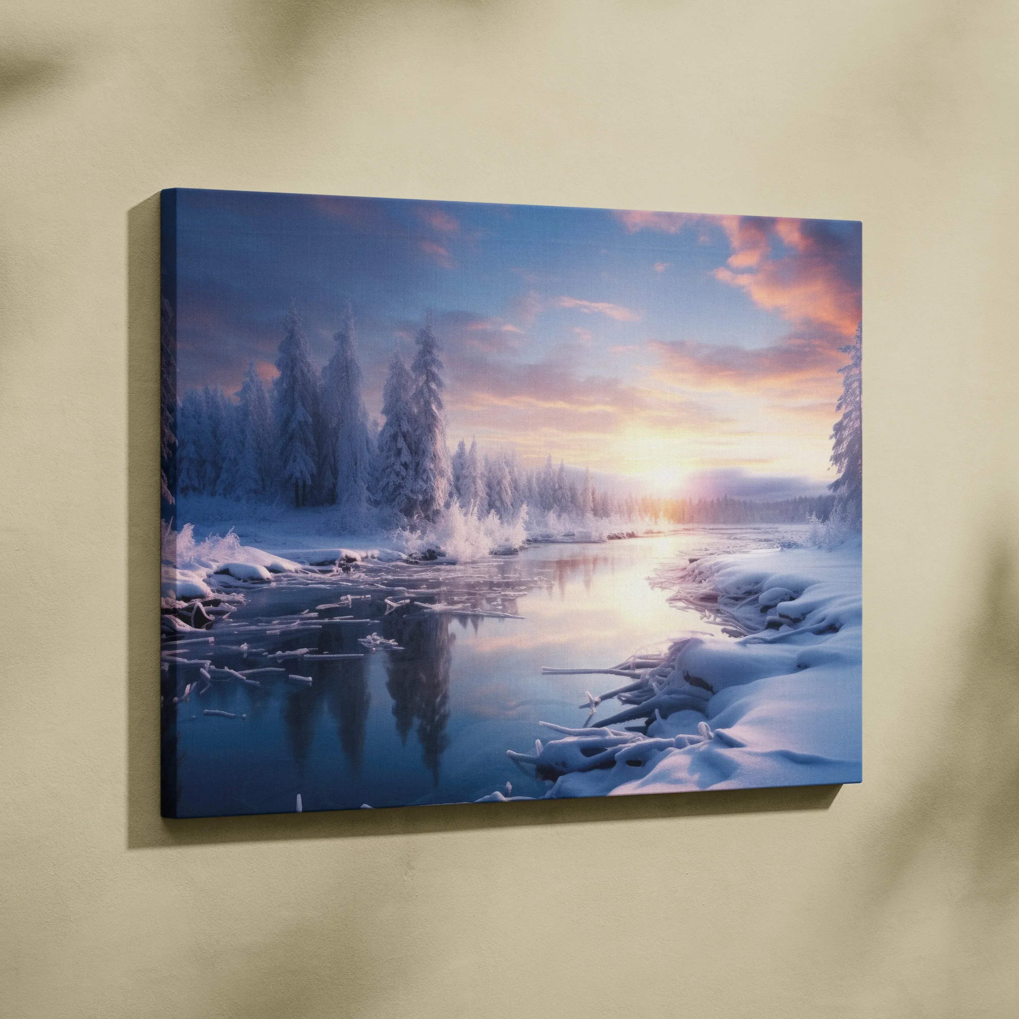 Dreamy winter landscape canvas wall art featuring a snow-covered forest and icy river reflecting soft pink and blue sunrise hues