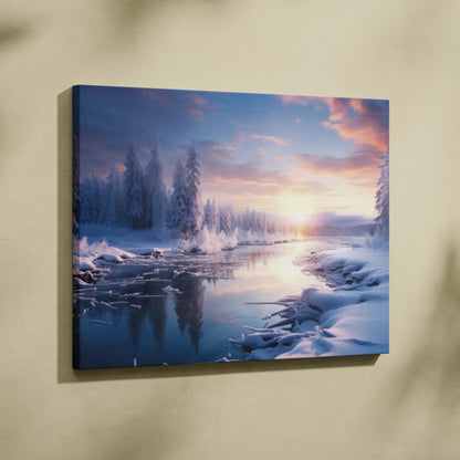 Canvas wall art featuring a dreamy snowy sunset landscape with trees and a reflective river.