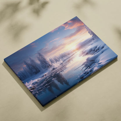 Canvas wall art featuring a dreamy snowy sunset landscape with soft pink and blue tones for serene decor.