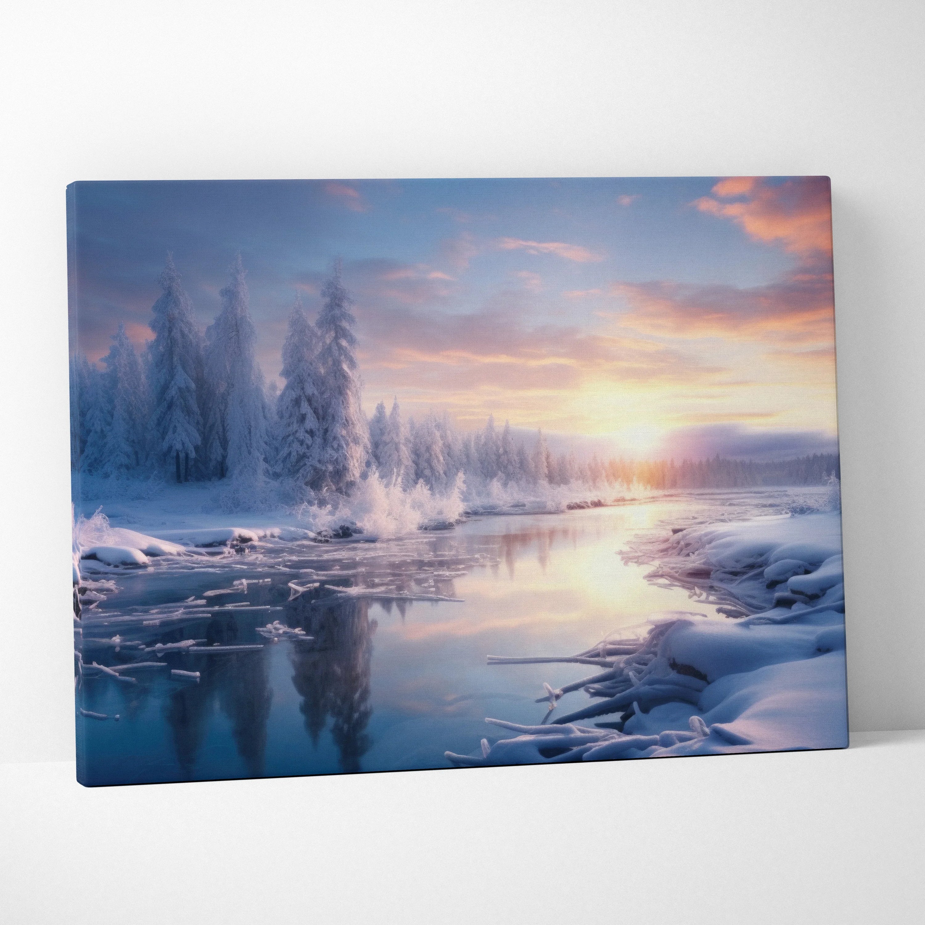 Canvas wall art featuring a serene snowy landscape with frosted trees and a glowing sunset reflected in calm water.
