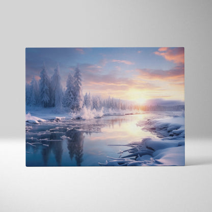 Canvas wall art featuring a snowy forest landscape with a pink and orange sunset over a reflective river.