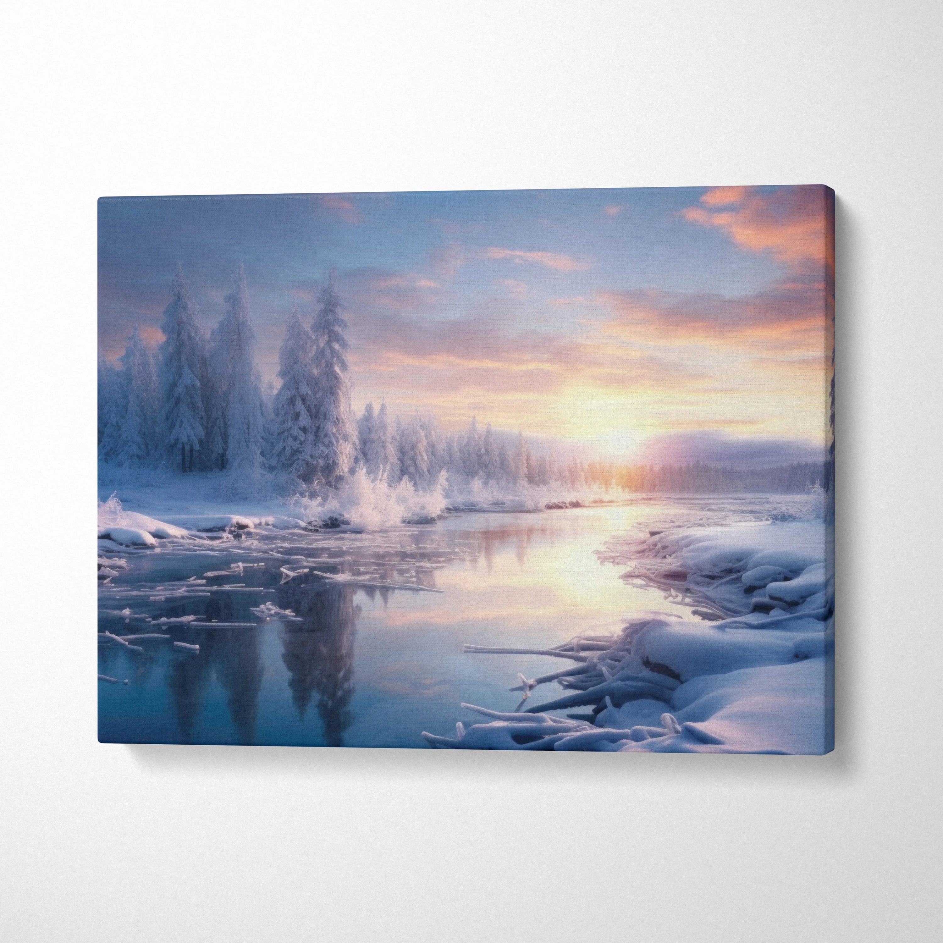 Canvas wall art featuring a dreamy snowy sunset landscape with icy river and frosted trees, winter decor.