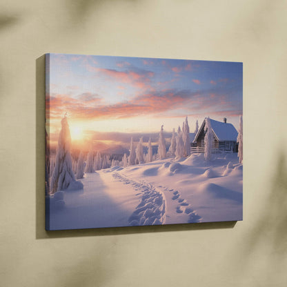 Canvas wall art depicting a snowy cabin scene at sunset with pink and orange sky hues and snow-covered trees.