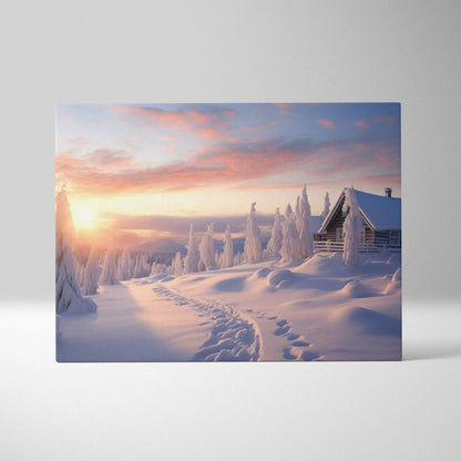 Canvas wall art depicting a snowy cabin at sunset with warm pink and orange sky tones over snow-covered trees and a winding.