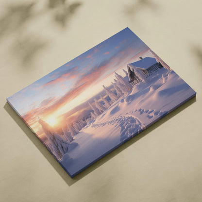 Canvas wall art featuring a snowy cabin scene at sunset with pink and orange sky hues.