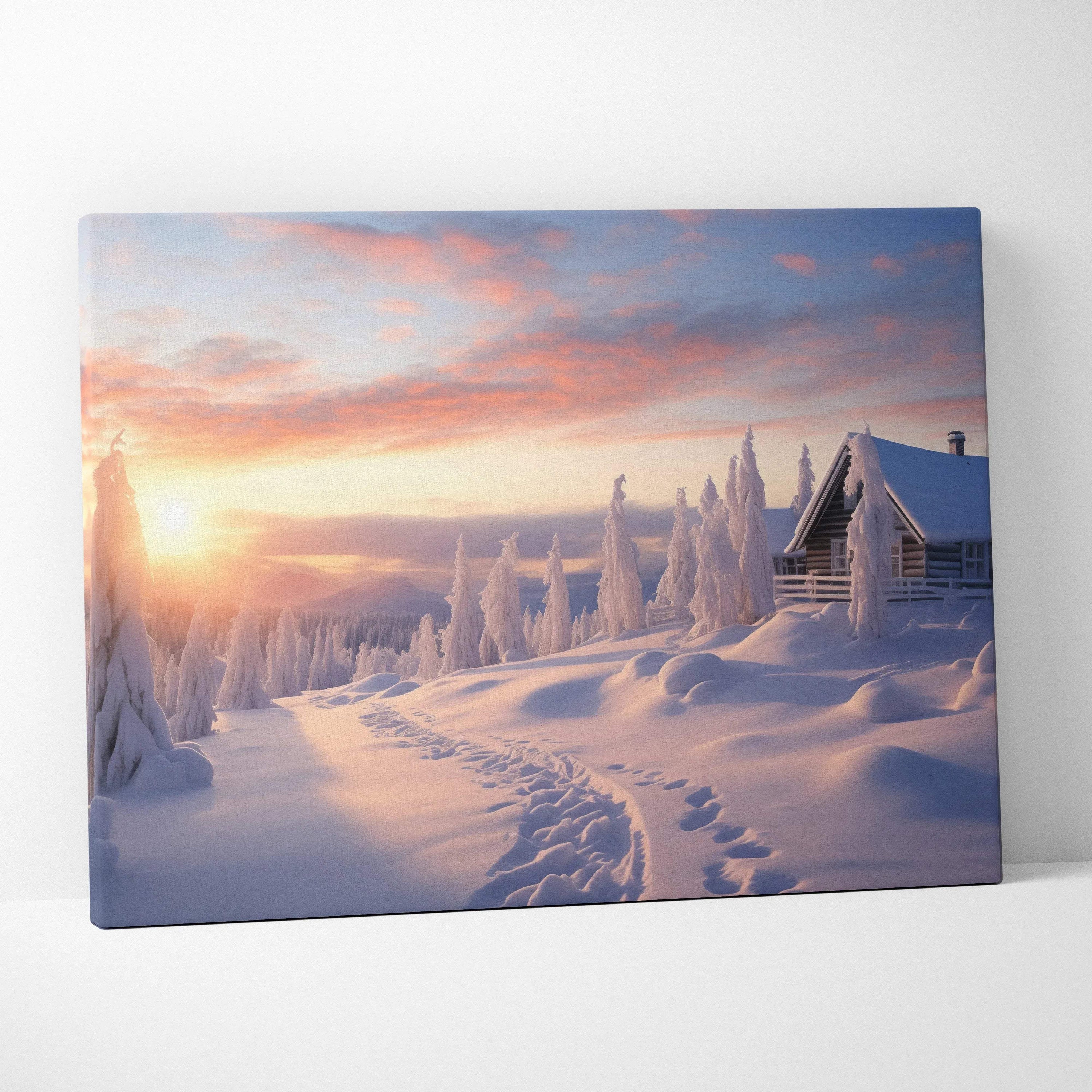 Canvas wall art featuring a snowy sunset cabin scene with frosted trees and soft pastel skies.