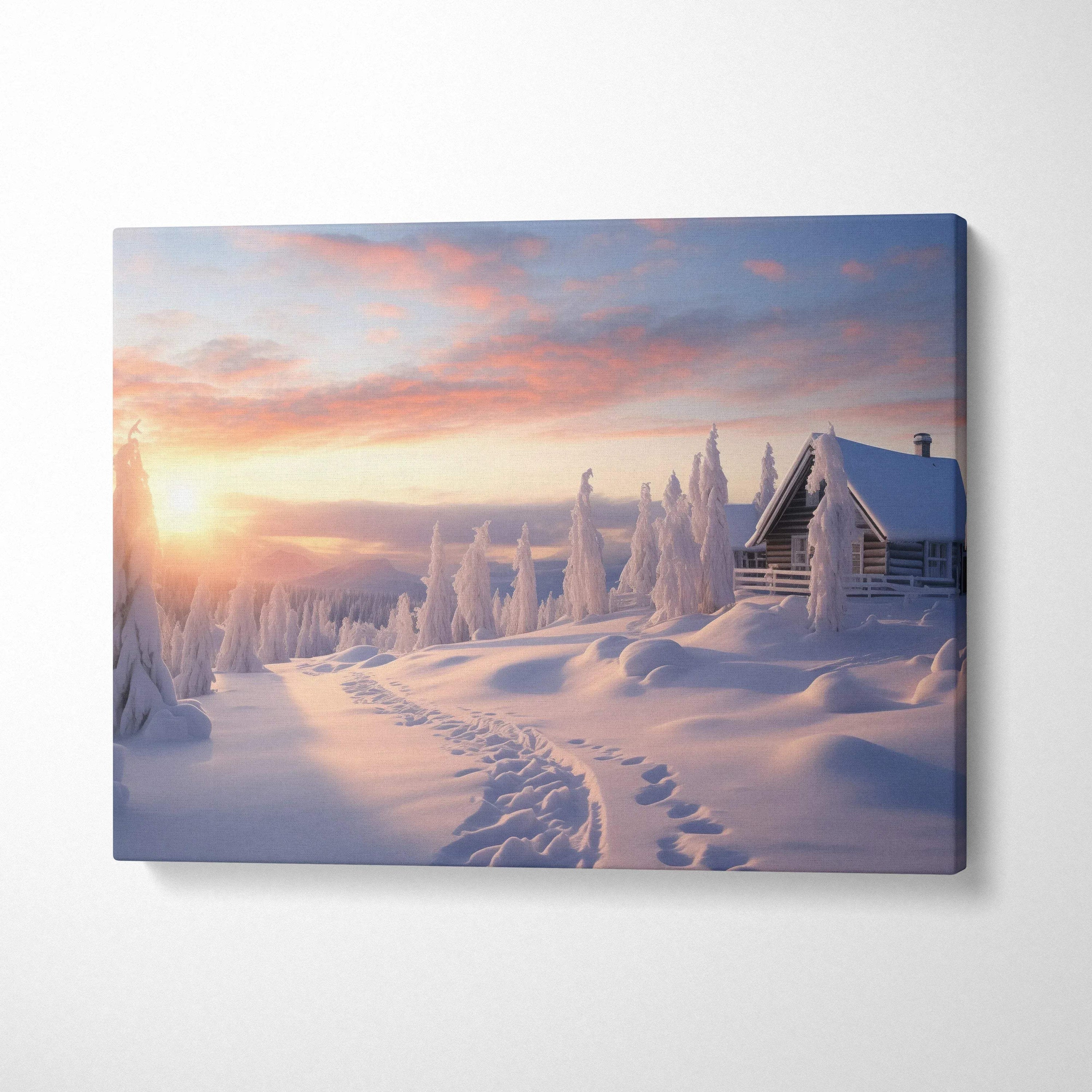Snowy cabin at sunset with pink sky and pine trees, winter canvas wall art decor.