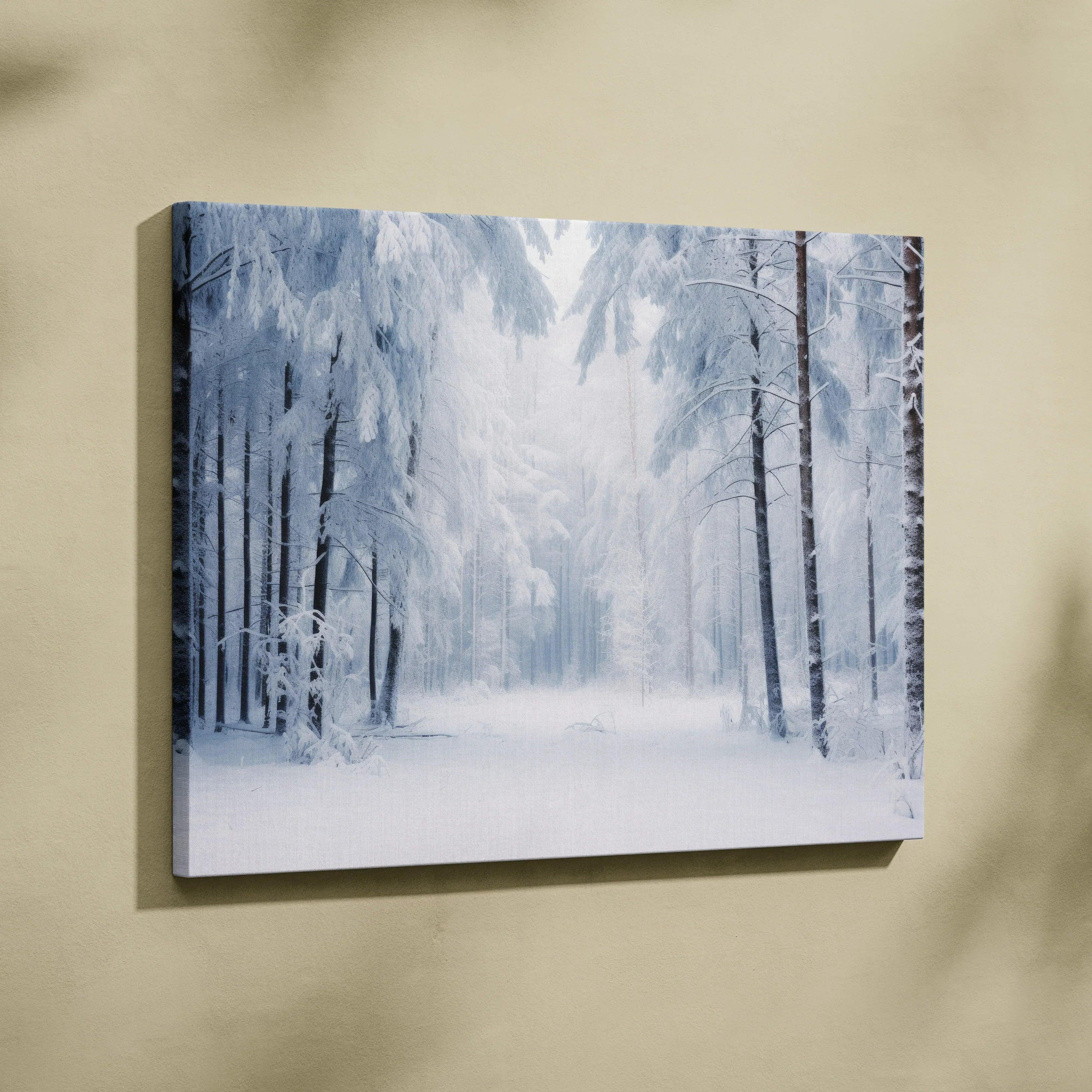 Canvas wall art featuring a dreamy snowy forest scene in soft blue and white tones for home decor.