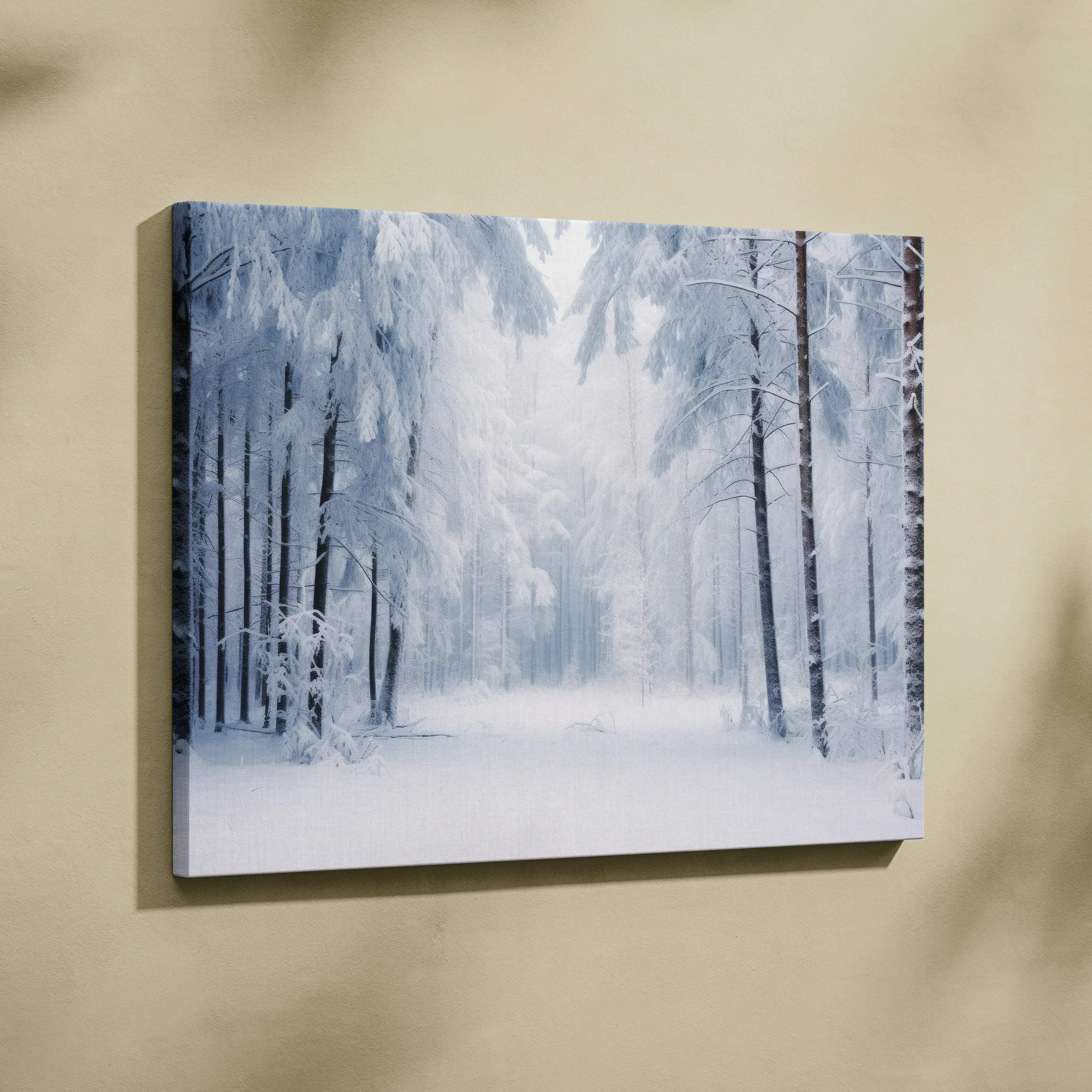 Dreamy calm winter forest canvas wall art featuring snow-covered pine trees in frosty blue hues on a rectangular canvas