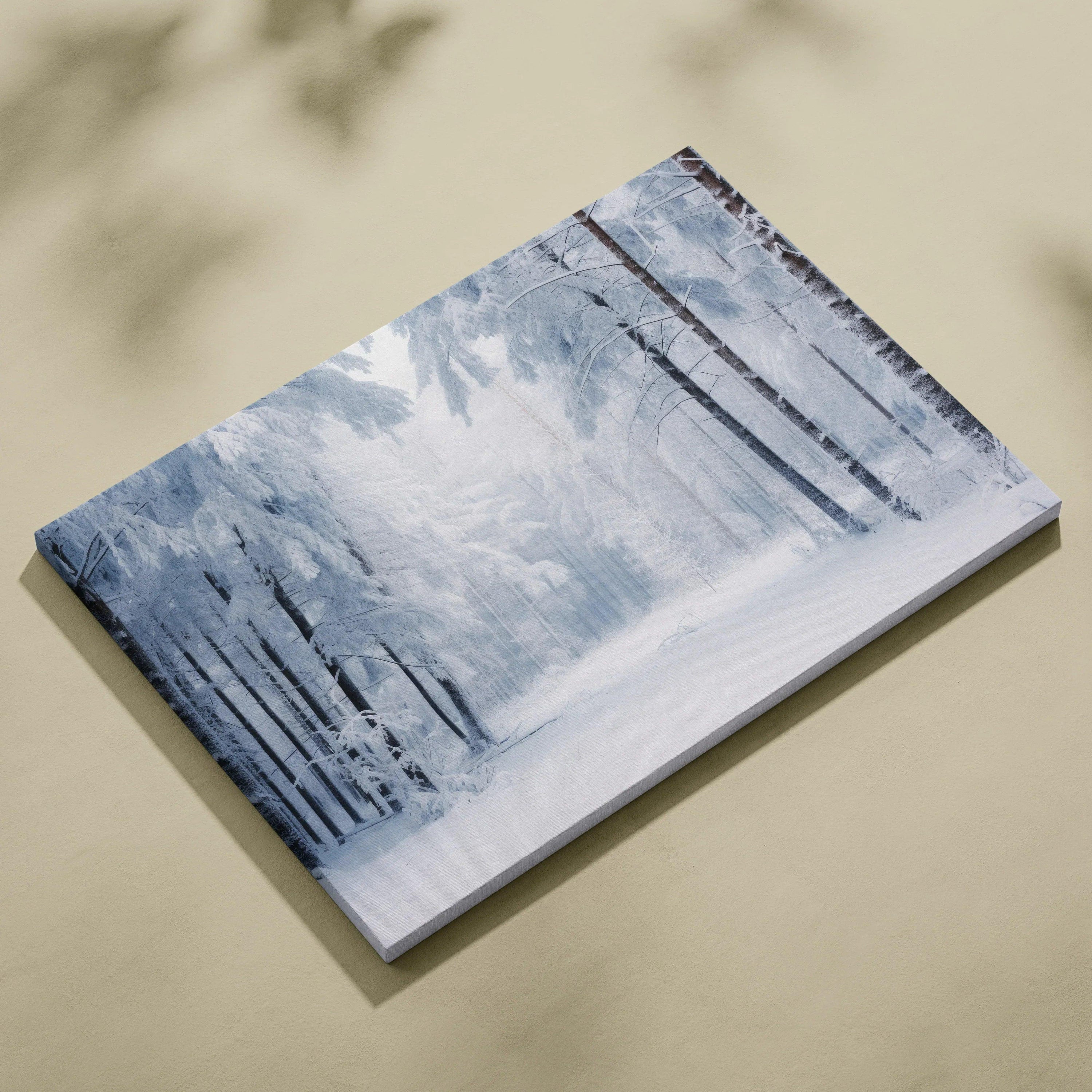 Canvas wall art featuring a dreamy snowy forest scene in cool blue and white tones, ideal for home decor.