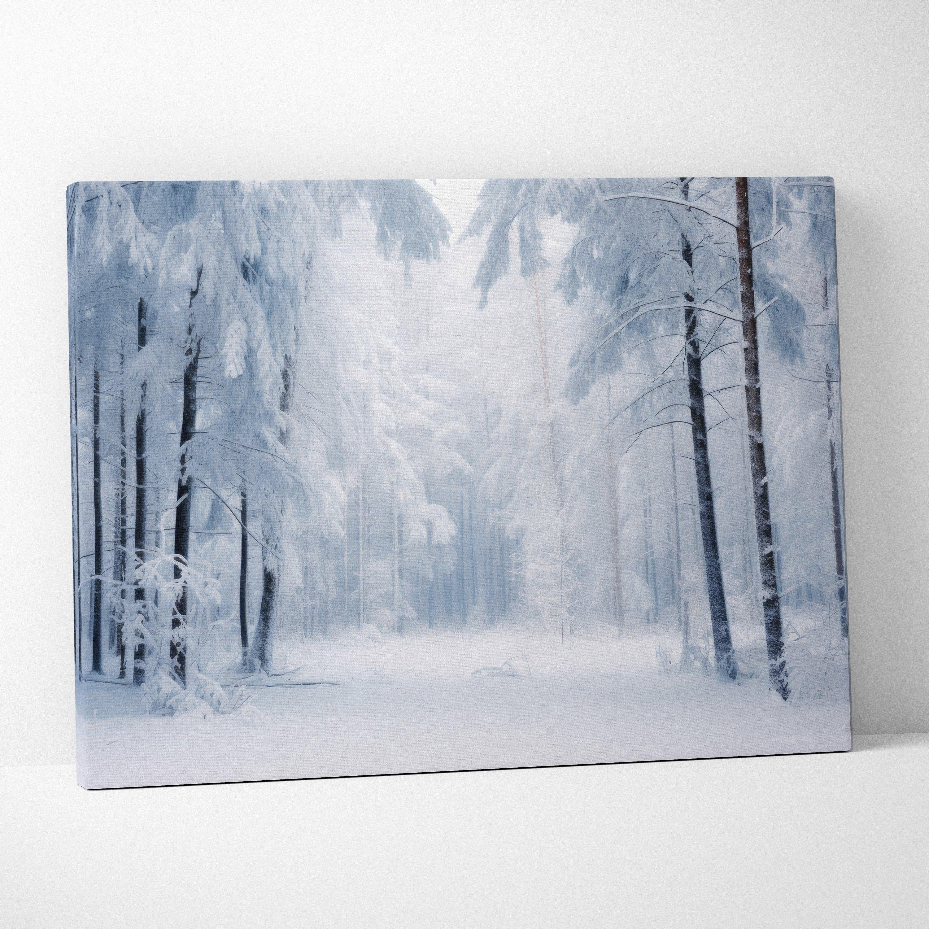 Canvas wall art featuring a serene snowy forest with tall trees and soft blue-gray winter tones.