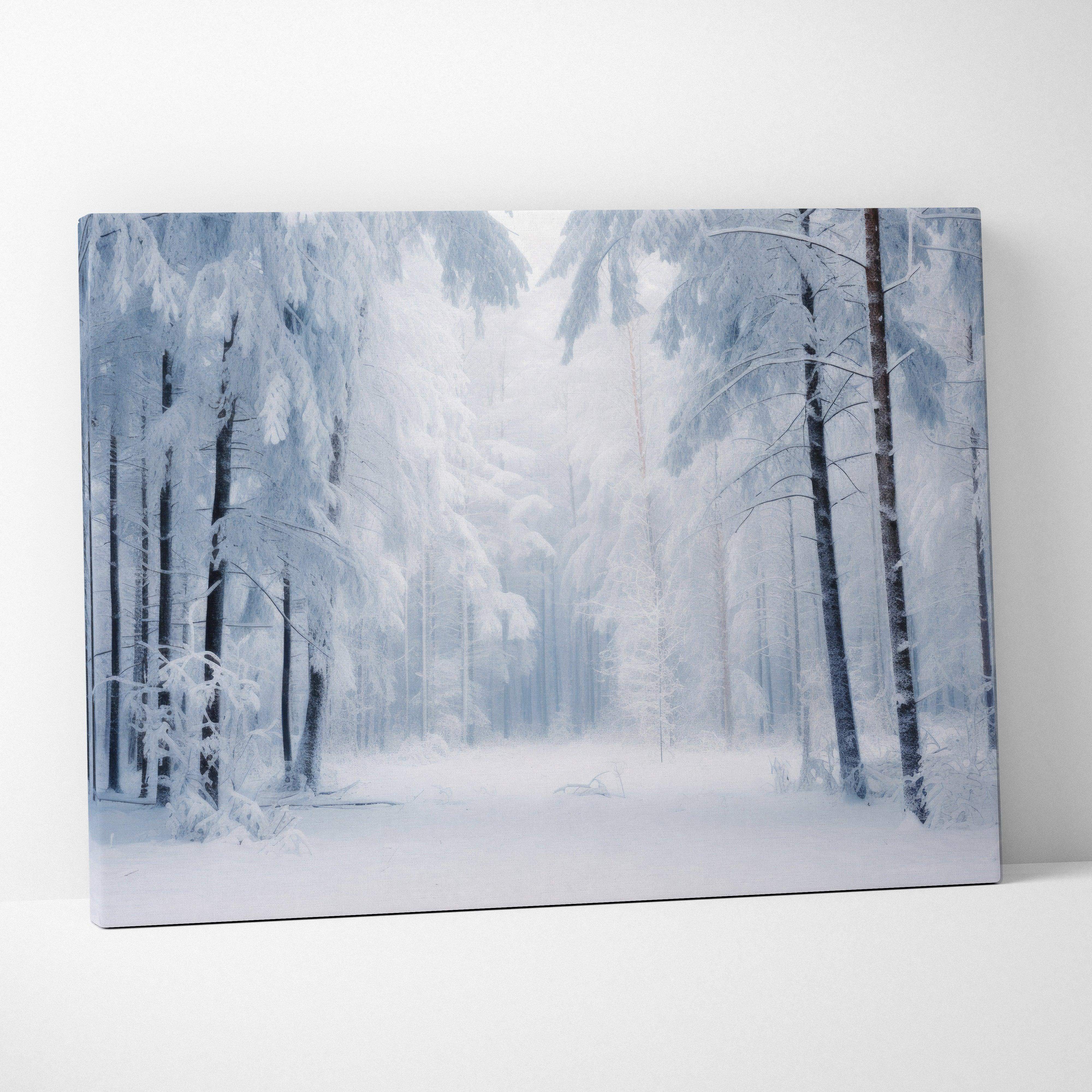 Dreamy calm winter forest canvas wall art featuring snow-covered pines in frosty blue hues on rectangular canvas