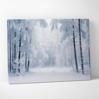 Canvas wall art featuring a serene snowy forest with tall trees and soft blue-gray winter tones.