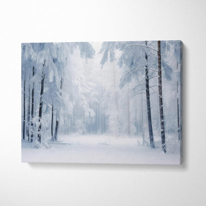 Dreamy winter snowy forest canvas wall art with frosted trees and soft light decor.