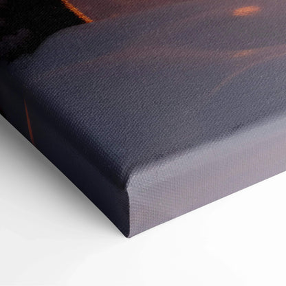 Wrapped canvas corner showing textured fabric with dark blue and muted colors for modern wall art decor.