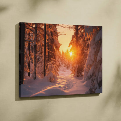 Canvas wall art featuring a snowy forest landscape with tall trees and a glowing orange sunset in the background.