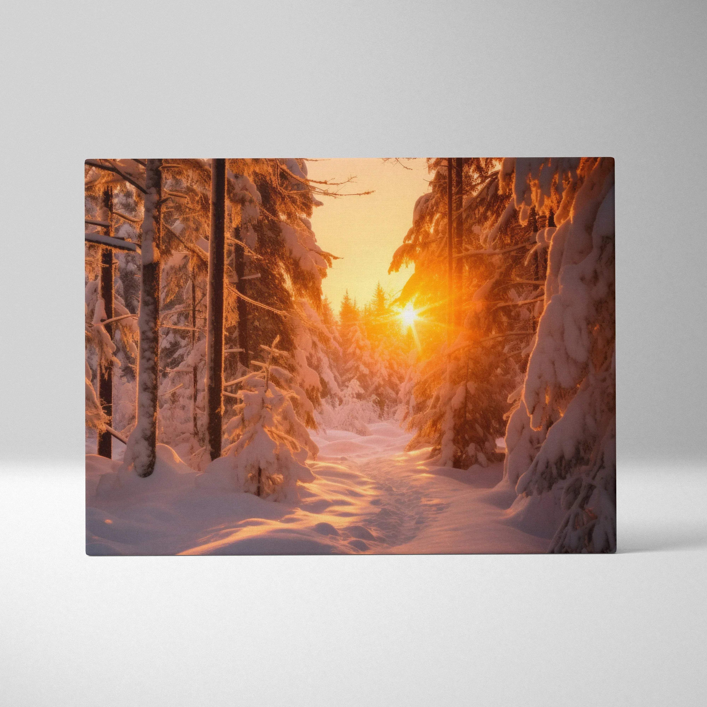 Canvas wall art depicting a snowy forest path at sunset with warm orange and golden hues.