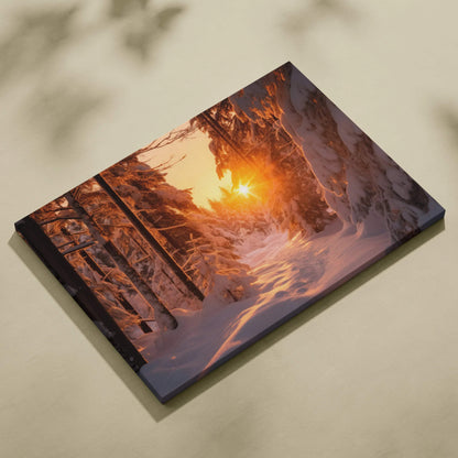 Canvas wall art featuring a snowy forest landscape with a warm, glowing sunset and tall trees.