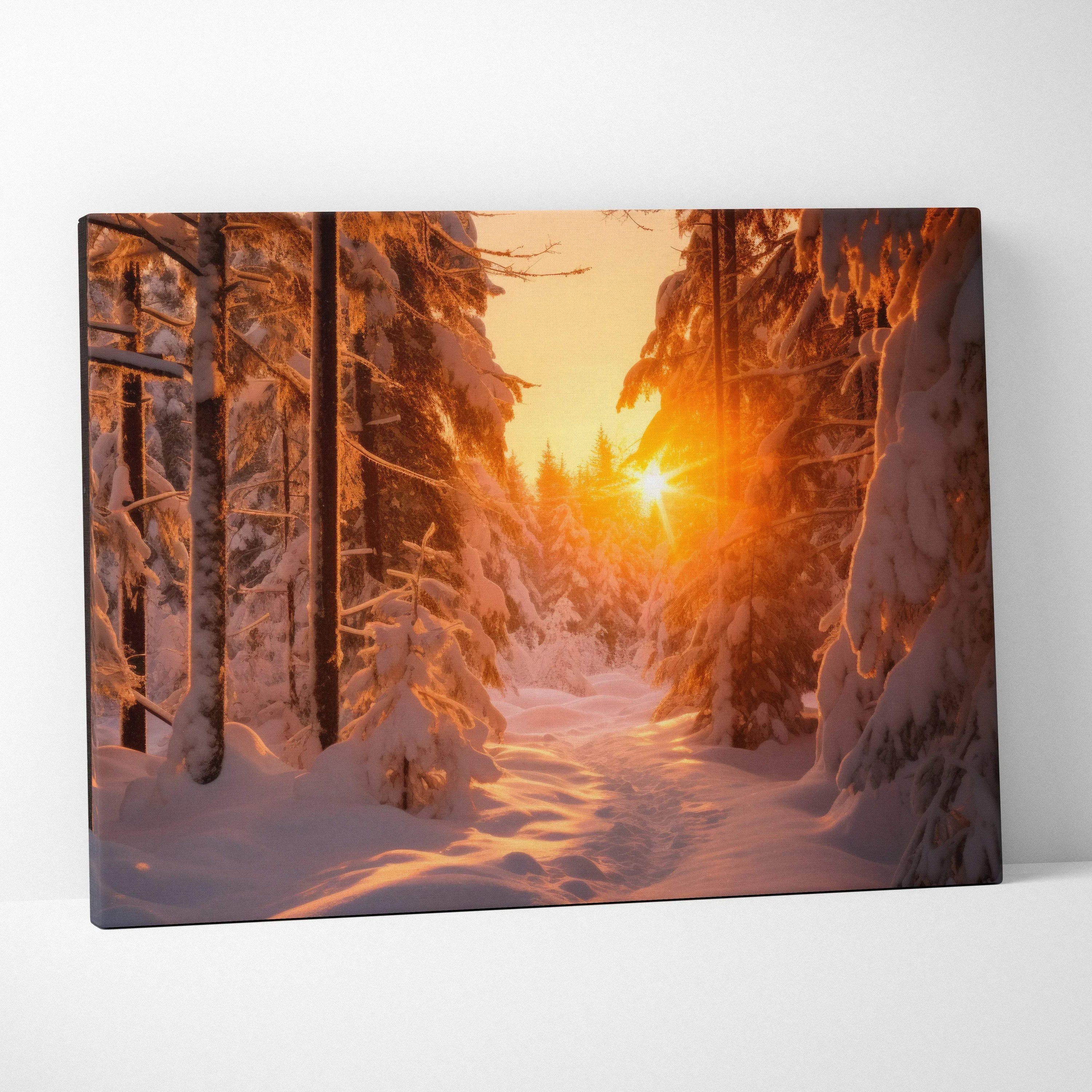 Canvas wall art depicting a snowy forest path with golden sunset light filtering through tall snow-covered trees.