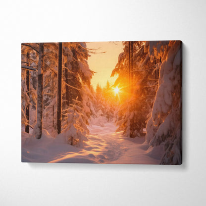 Winter forest sunset canvas wall art with snowy trees and warm orange glow decor.