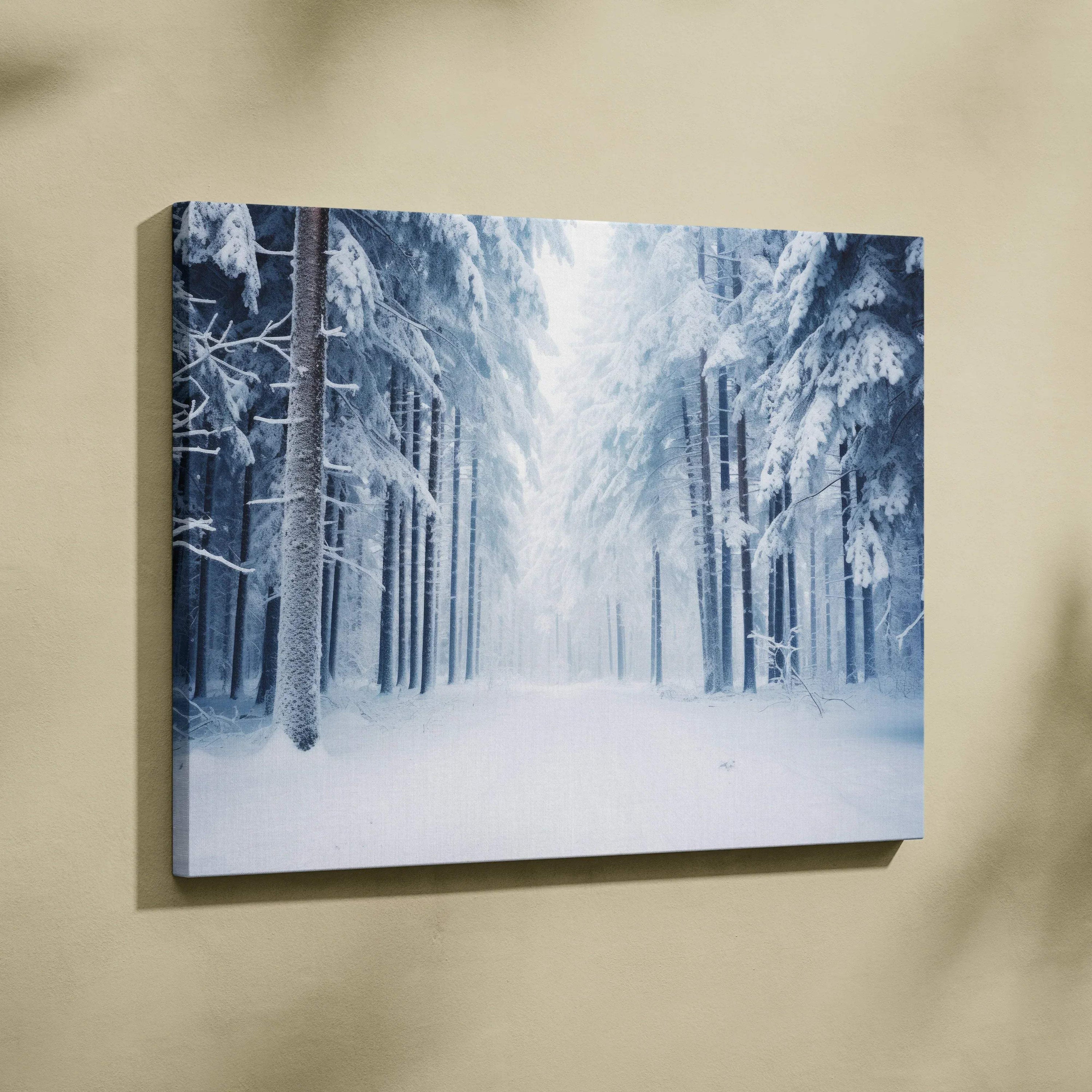 Canvas wall art featuring a snowy winter forest with tall, snow-covered pine trees and a misty, light-filled background.