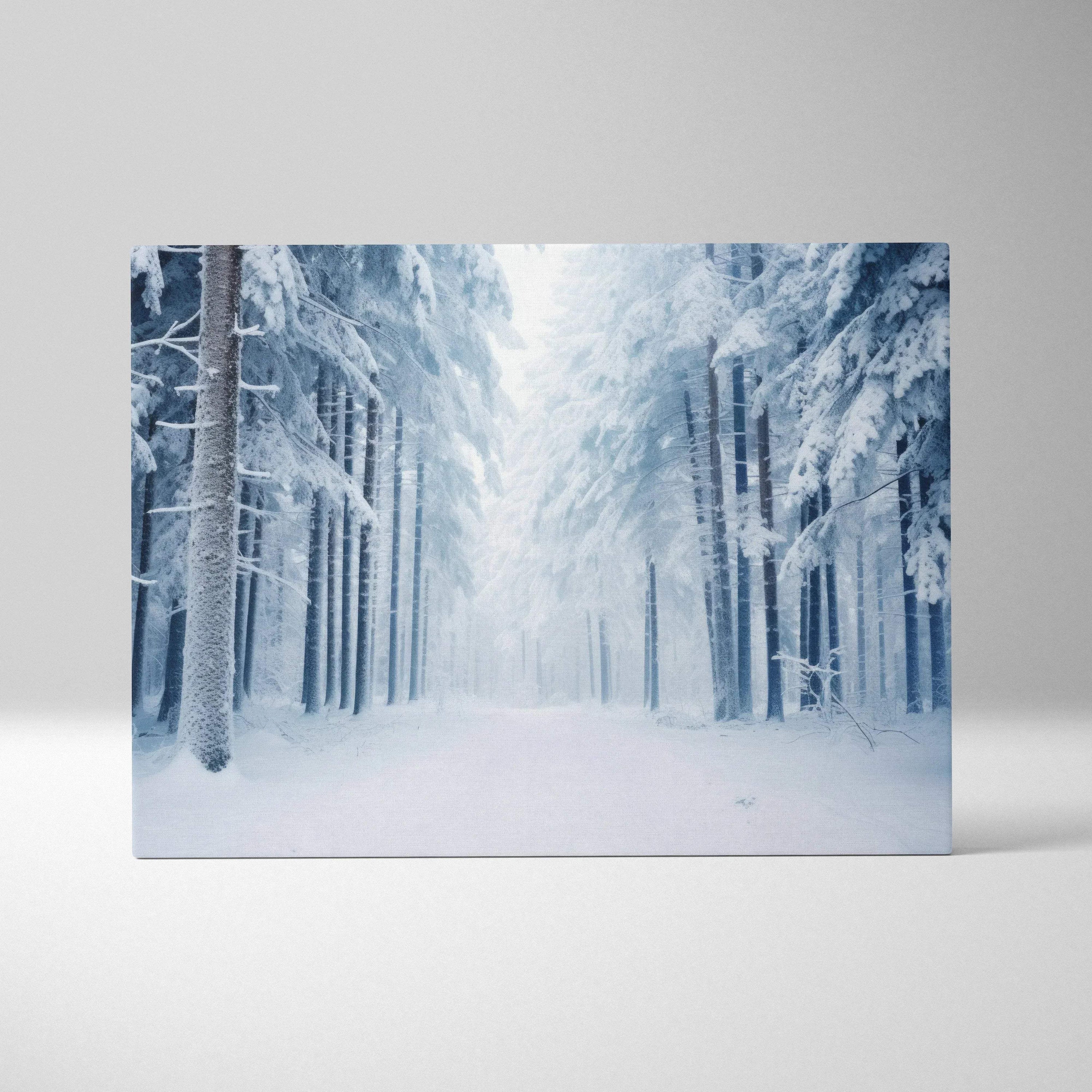 Canvas wall art featuring a snowy winter forest landscape with tall, snow-covered pine trees and a misty, serene atmosphere.