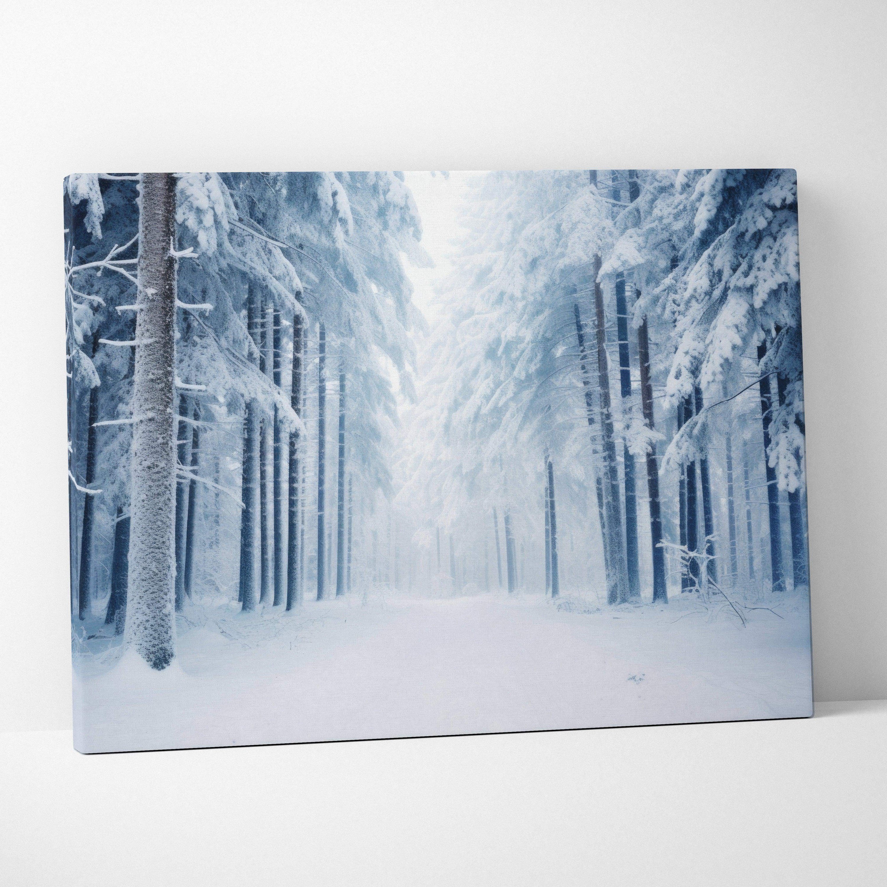 Canvas wall art print featuring a snowy forest landscape with tall pine trees covered in thick white snow and a misty, pale.