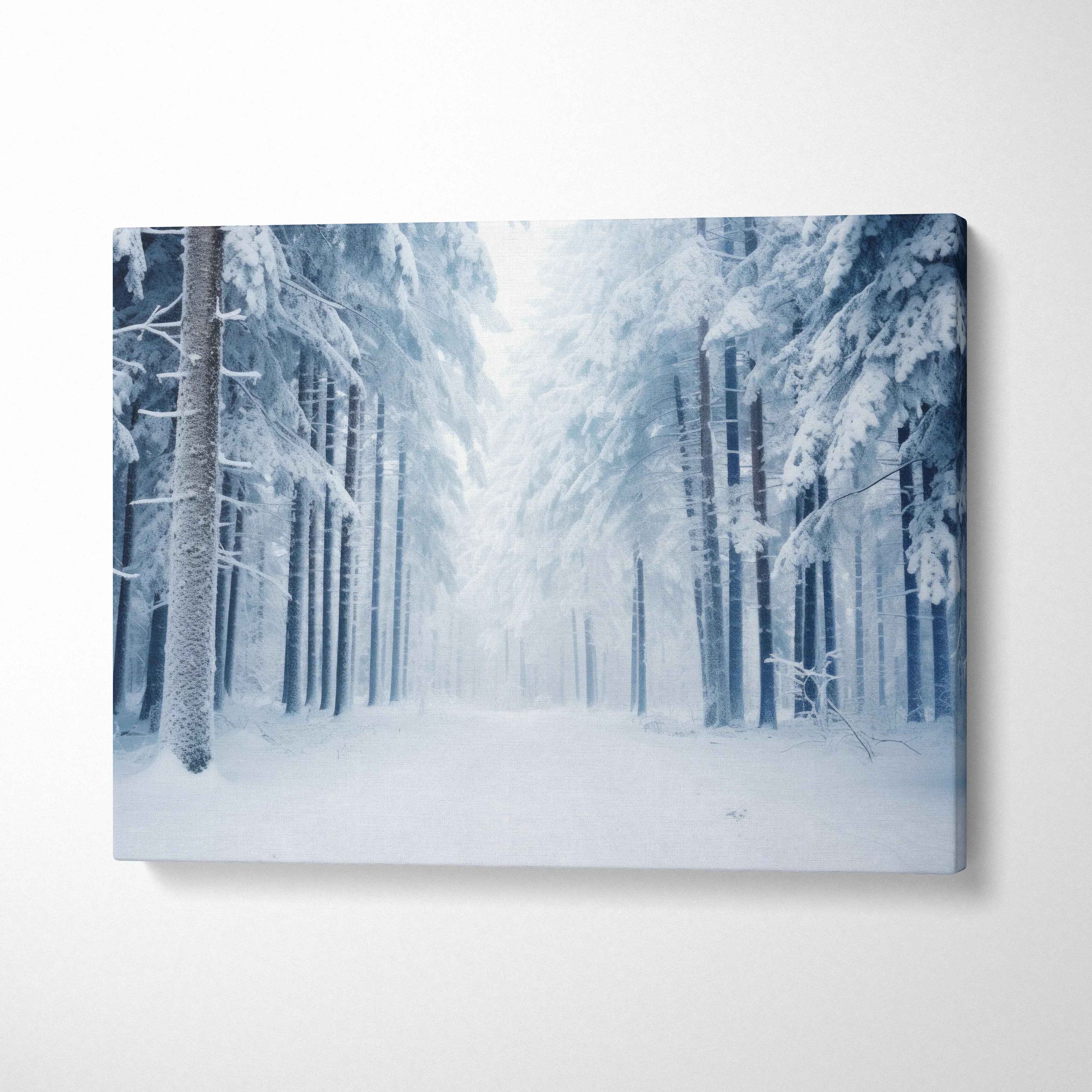 Winter snowy forest landscape printed on canvas wall art with tall snow-covered trees and soft blue tones decor.