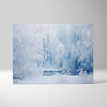 Canvas wall art featuring a serene snowy winter landscape with frost-covered branches in cool blue tones.