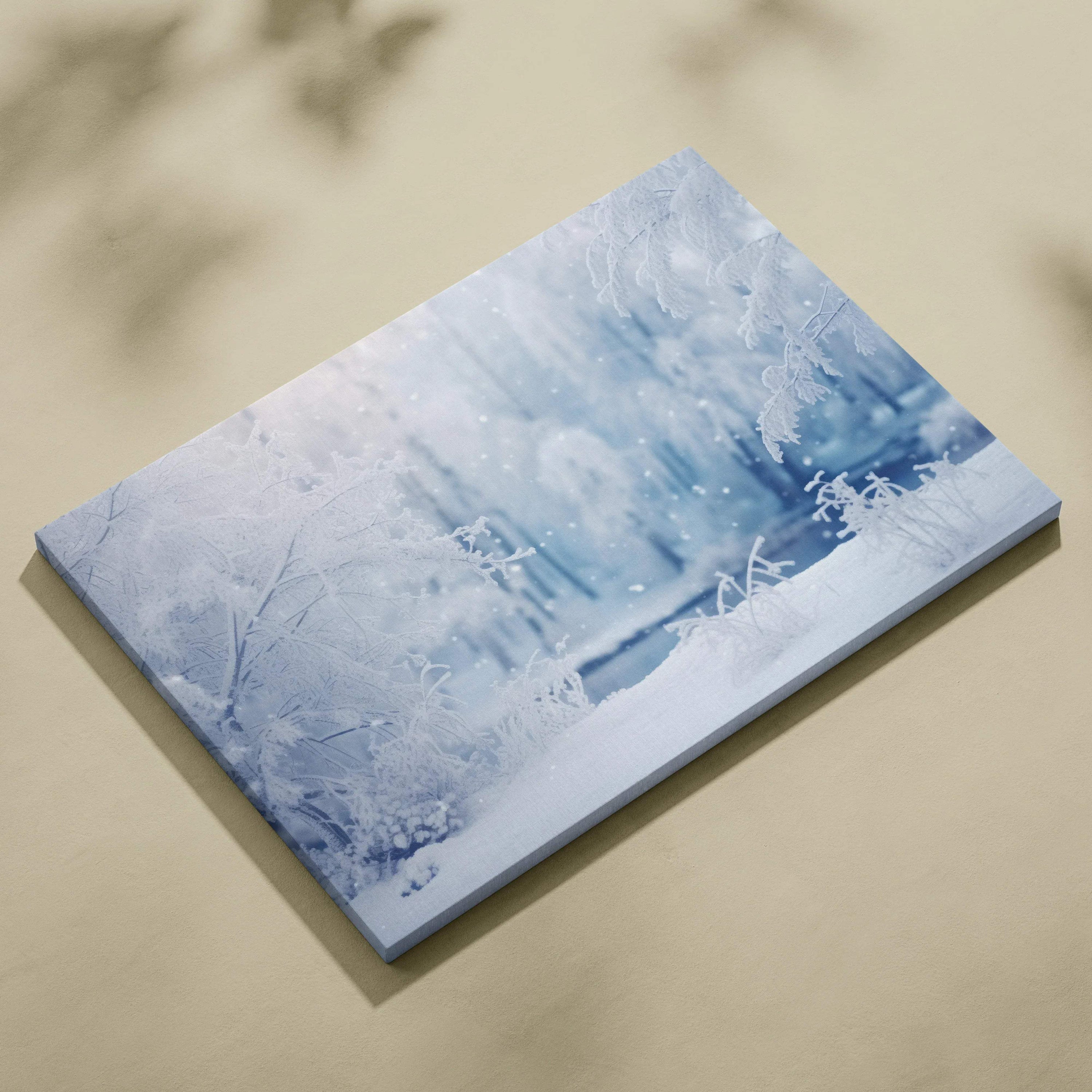Winter snowy landscape digital art on rectangular canvas wall decor with soft blue and white tones.