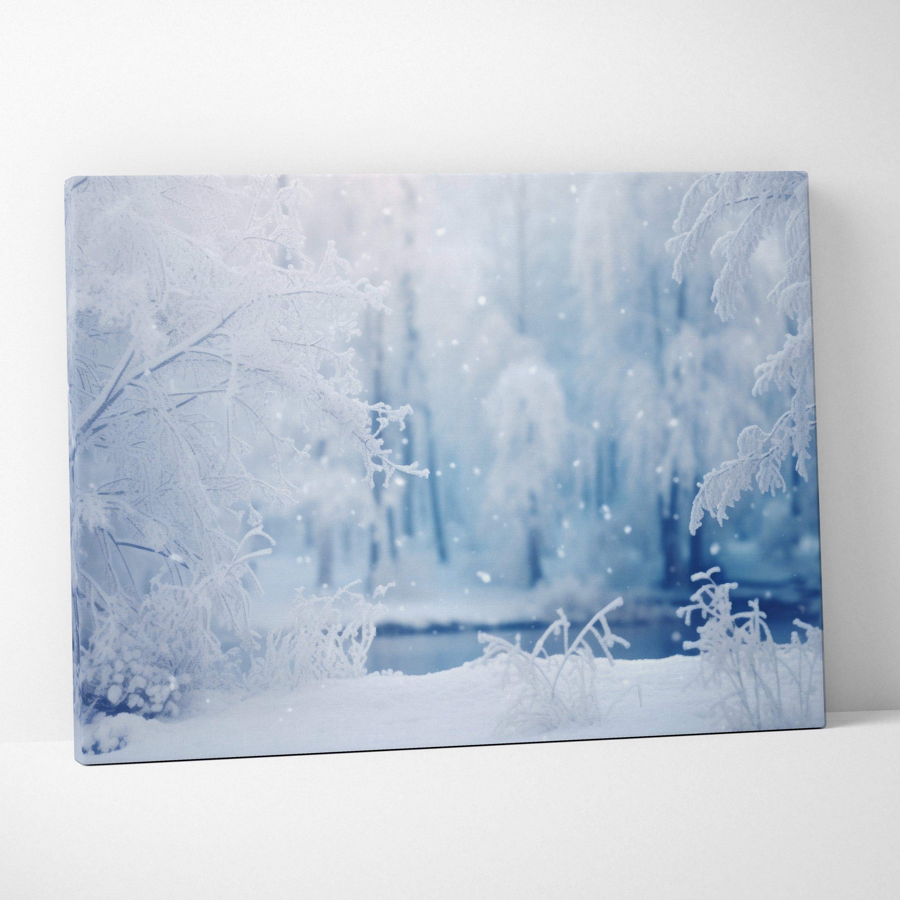 Winter snowy landscape digital canvas art print with soft blue and white tones, perfect for wall decor.