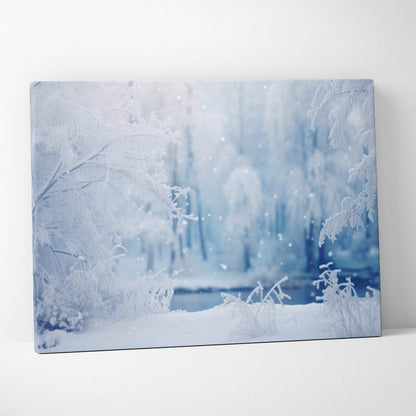 Winter snowy landscape digital canvas art print with soft blue and white tones, perfect for wall decor.