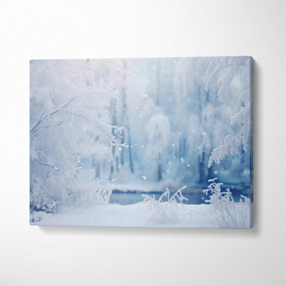 Winter snowy forest scene canvas wall art with delicate icy branches in soft blue tones for home decor.