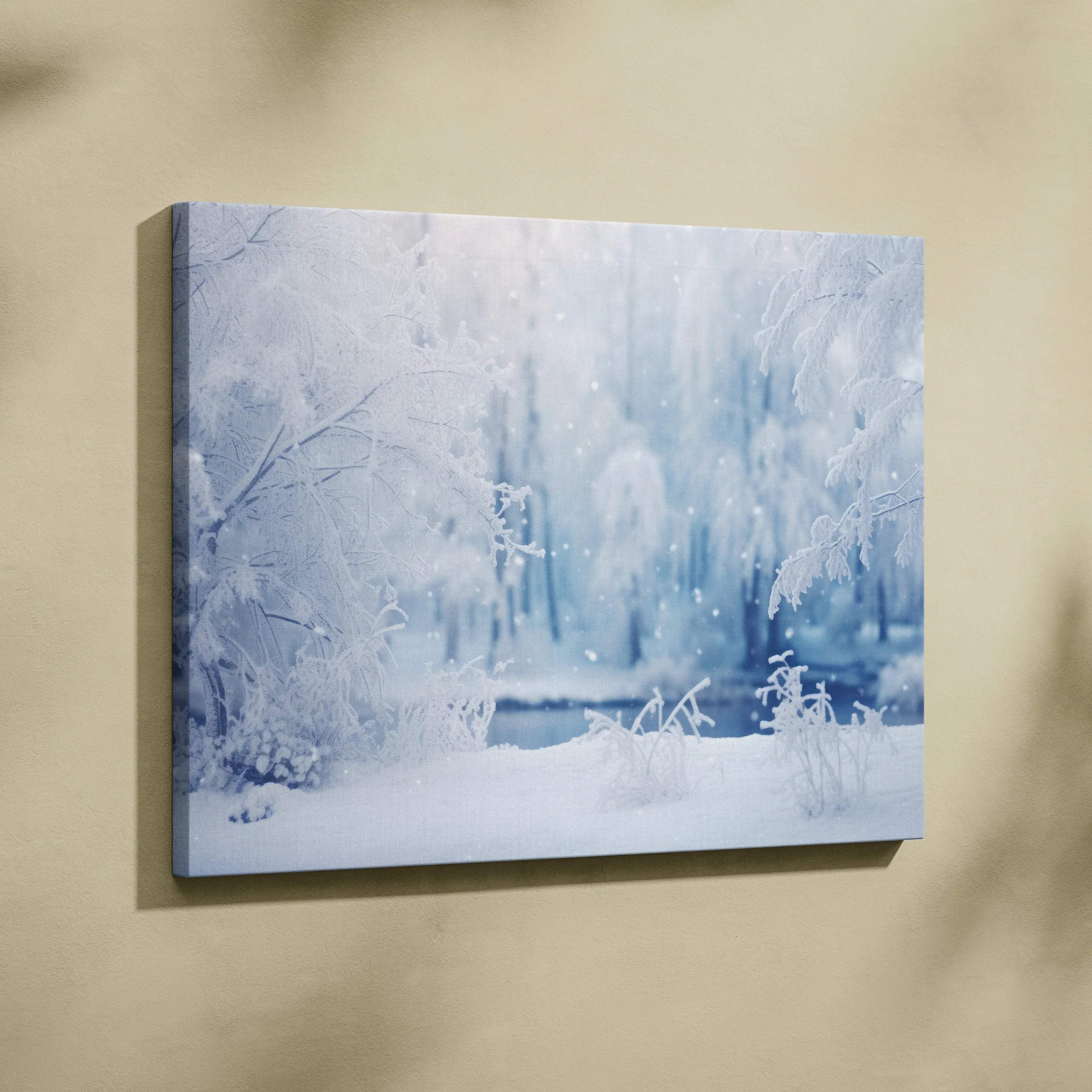 Winter snowy forest scene canvas wall art with soft blue and white tones for home decor.
