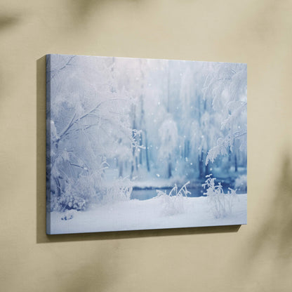 Winter snowy forest scene canvas wall art with soft blue and white tones for home decor.