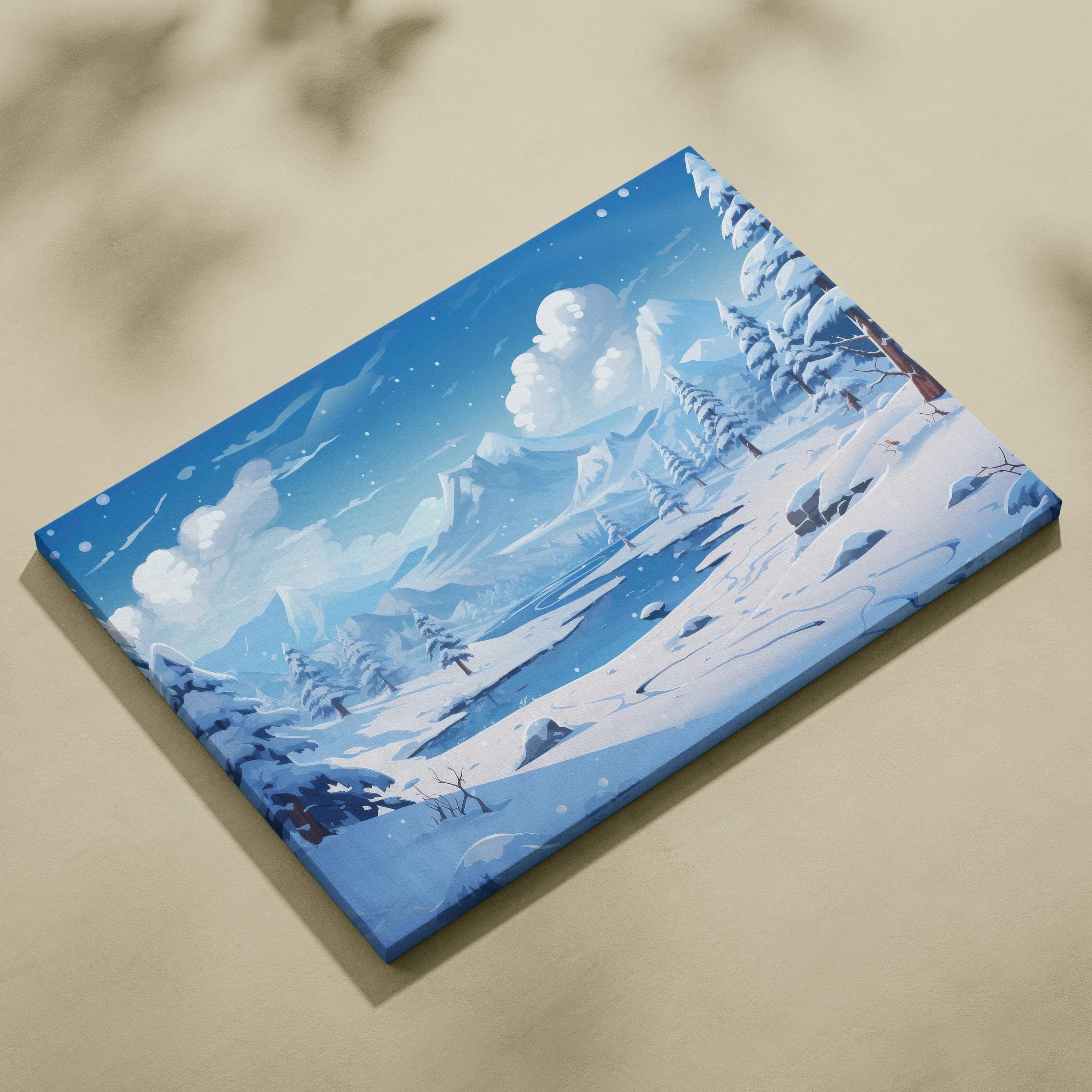 Winter snowy landscape canvas art with blue sky, clouds, and snow-covered mountains and trees.