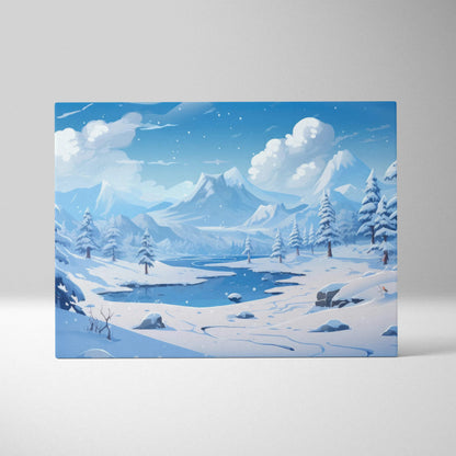 Winter landscape canvas art with snowy trees, mountains, and a frozen lake under a bright blue sky.