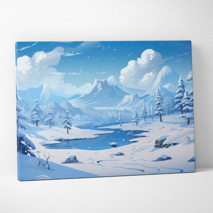 Canvas wall art featuring a dreamy snowy landscape with mountains, pine trees, and a frozen lake under a bright blue sky.