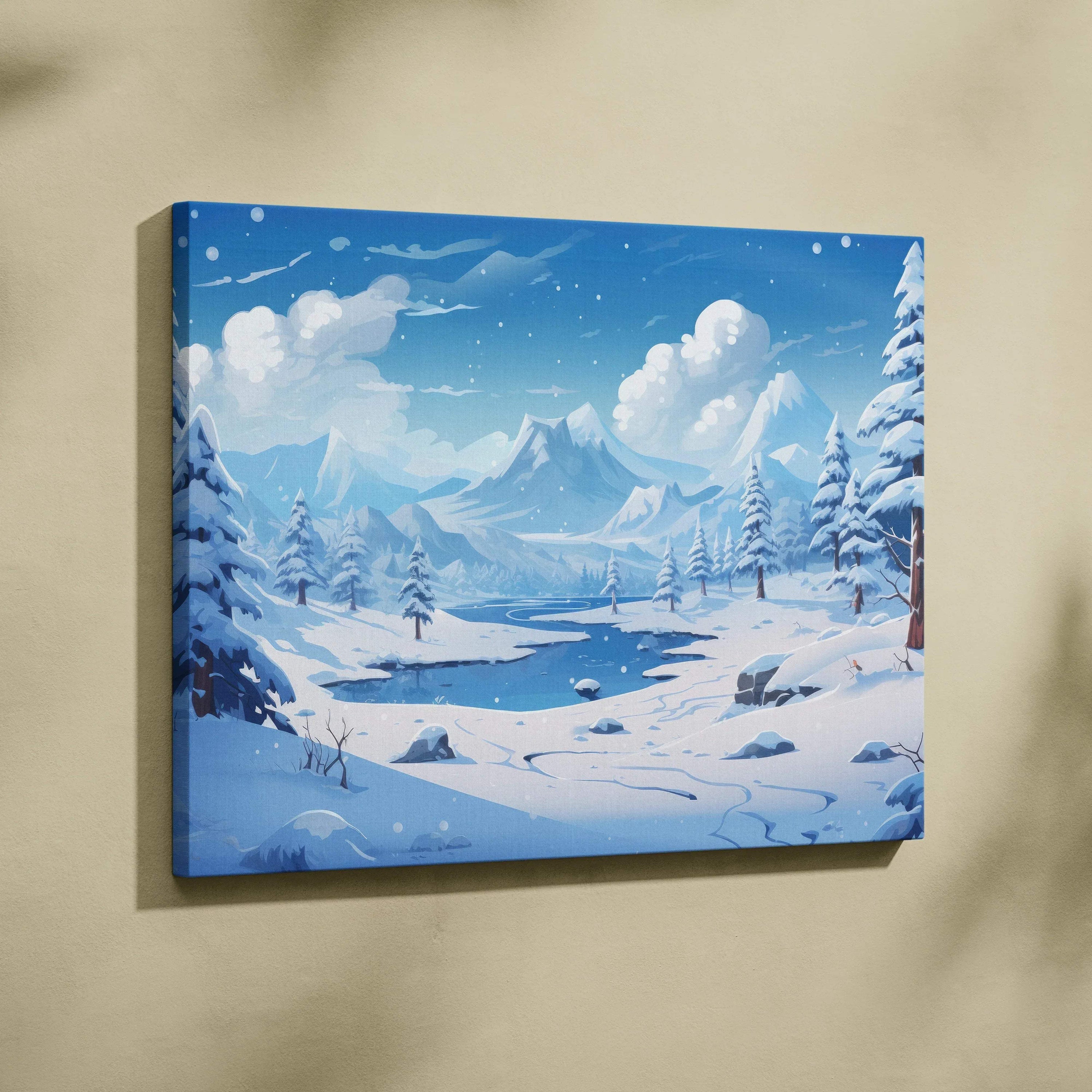 Winter snowy landscape canvas wall art with mountains, trees, and a bright blue sky.