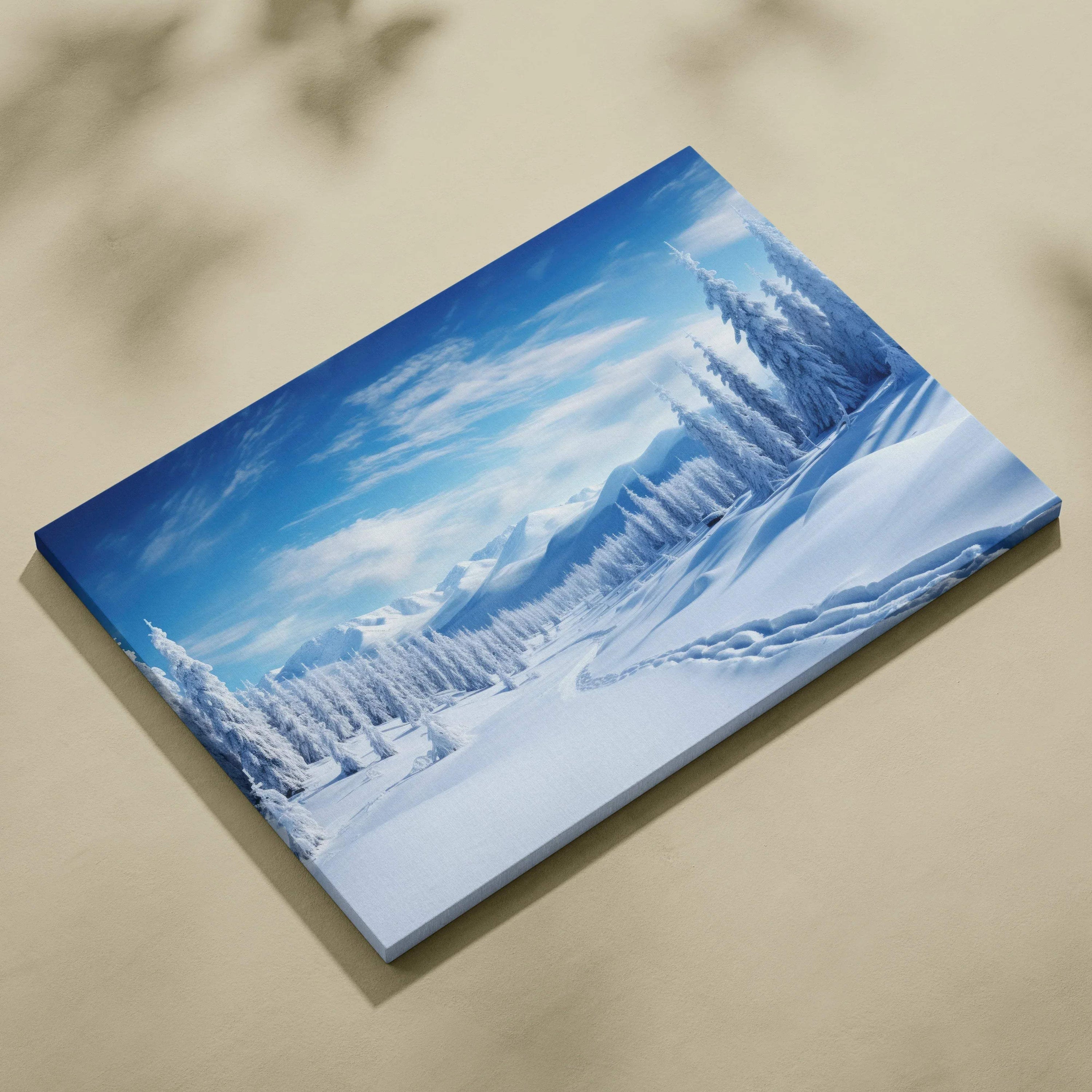 Winter landscape digital canvas art with snow-covered trees under a blue sky, perfect wall decor.
