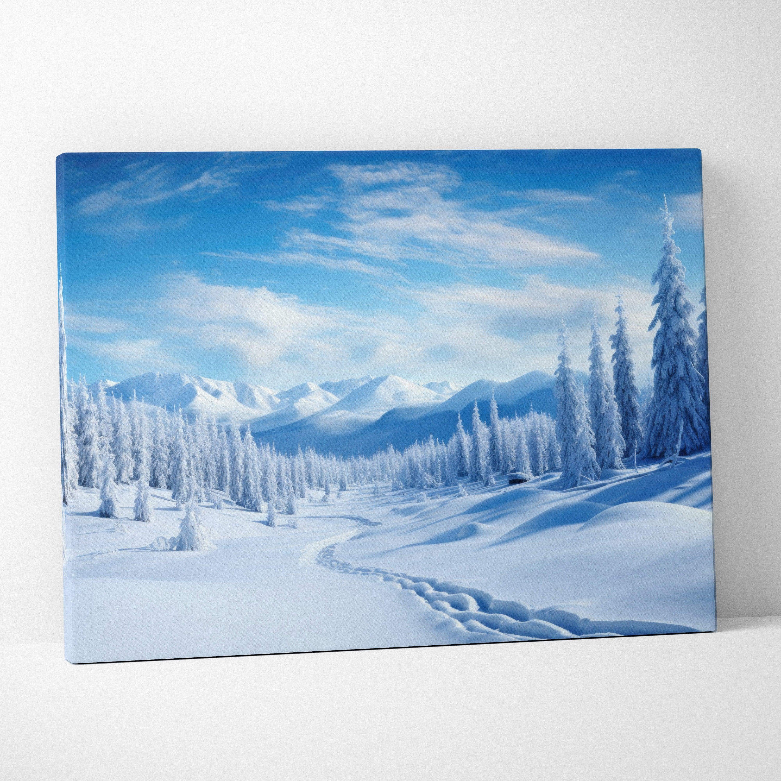 Canvas wall art featuring a snowy winter landscape with frosted trees and mountain peaks under a blue sky.