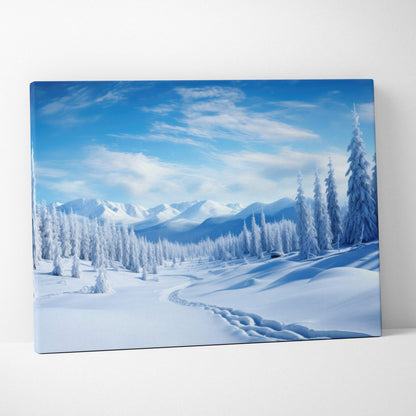 Canvas wall art featuring a snowy winter landscape with frosted trees and mountain peaks under a blue sky.
