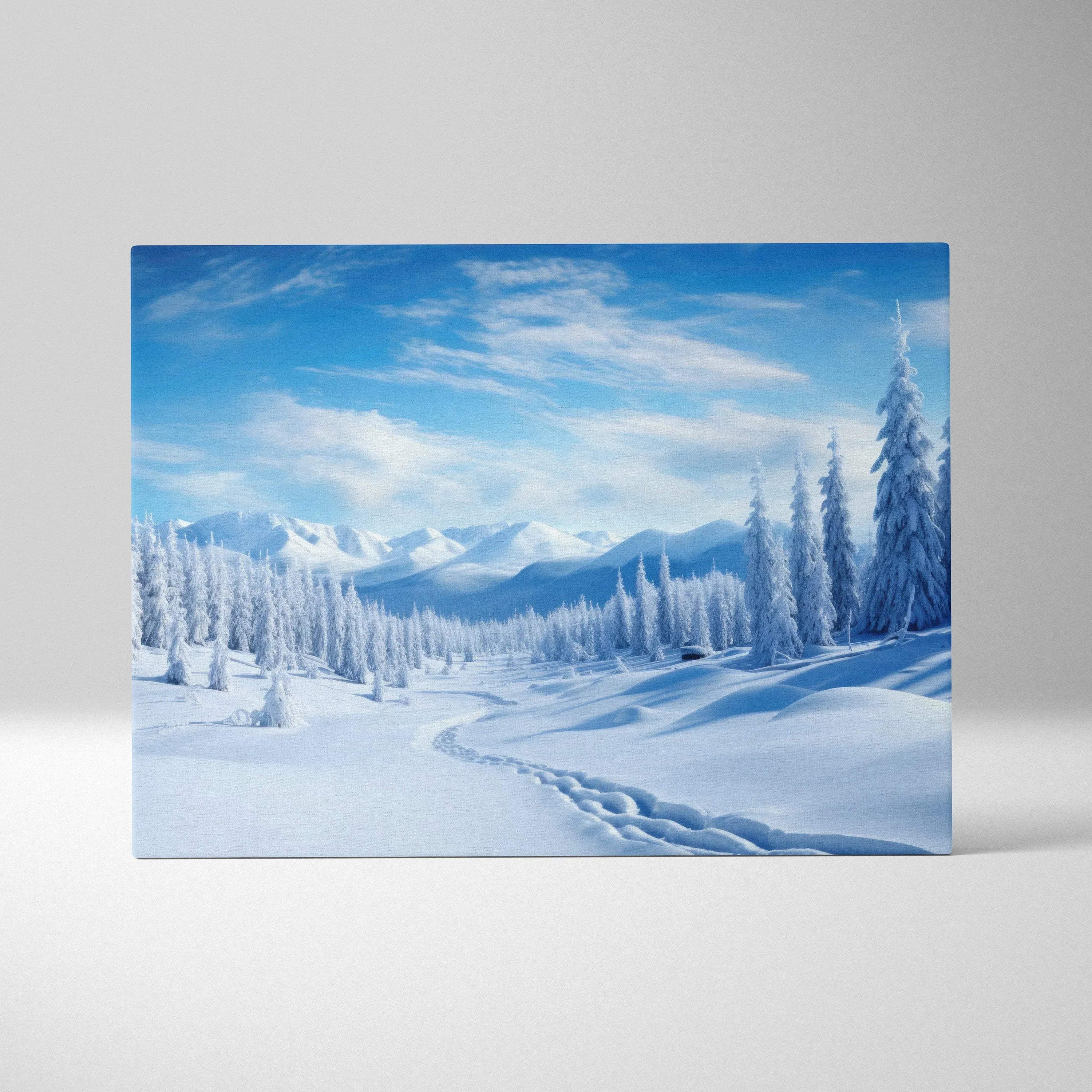 Digital canvas wall art depicting a snowy winter landscape with pine trees and mountain range under a bright blue sky.