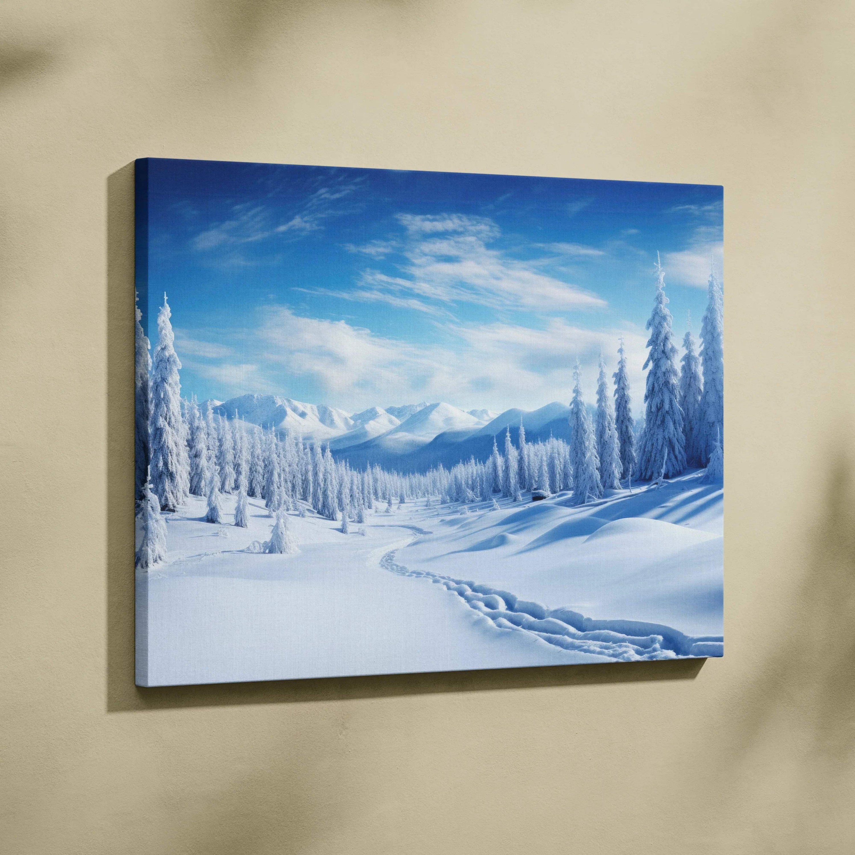 Canvas wall art featuring dreamy snowy winter landscape with pine trees and mountains.