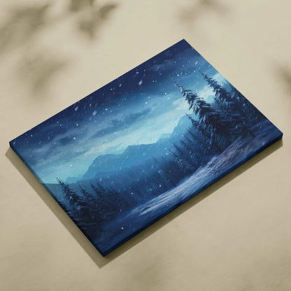 Winter-themed canvas wall art featuring a snowy night scene with pine trees and mountains.