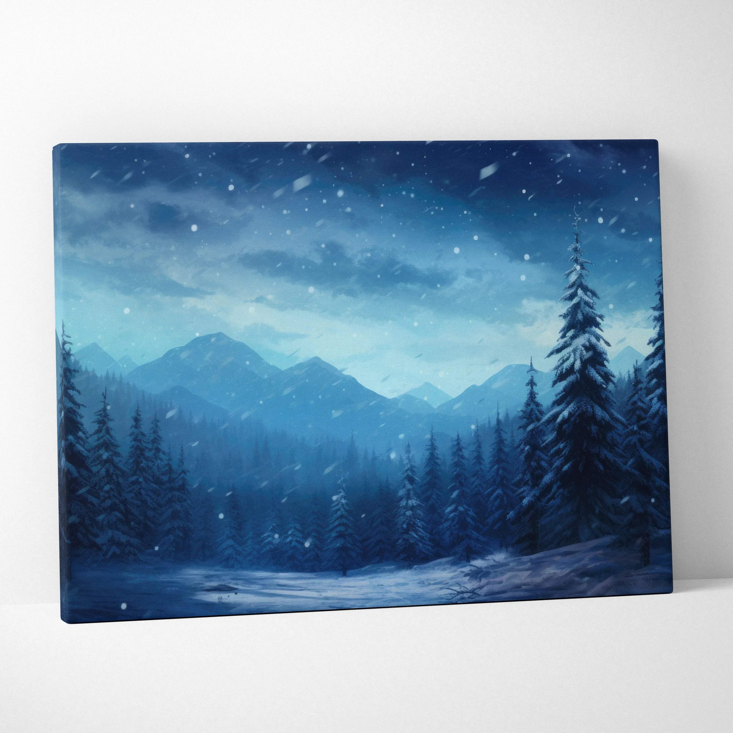 Canvas wall art depicting a snowy night forest scene with pine trees and distant mountains under a dark blue sky.